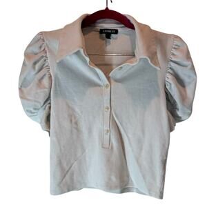 Express Women's White Ribbed Half Button Up Cropped Balloon Puff Sleeve Top Sz M